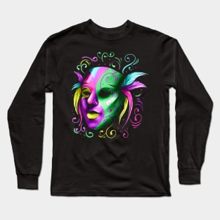 Yellow, Purple And Green Mask For Mardi Gras Long Sleeve T-Shirt